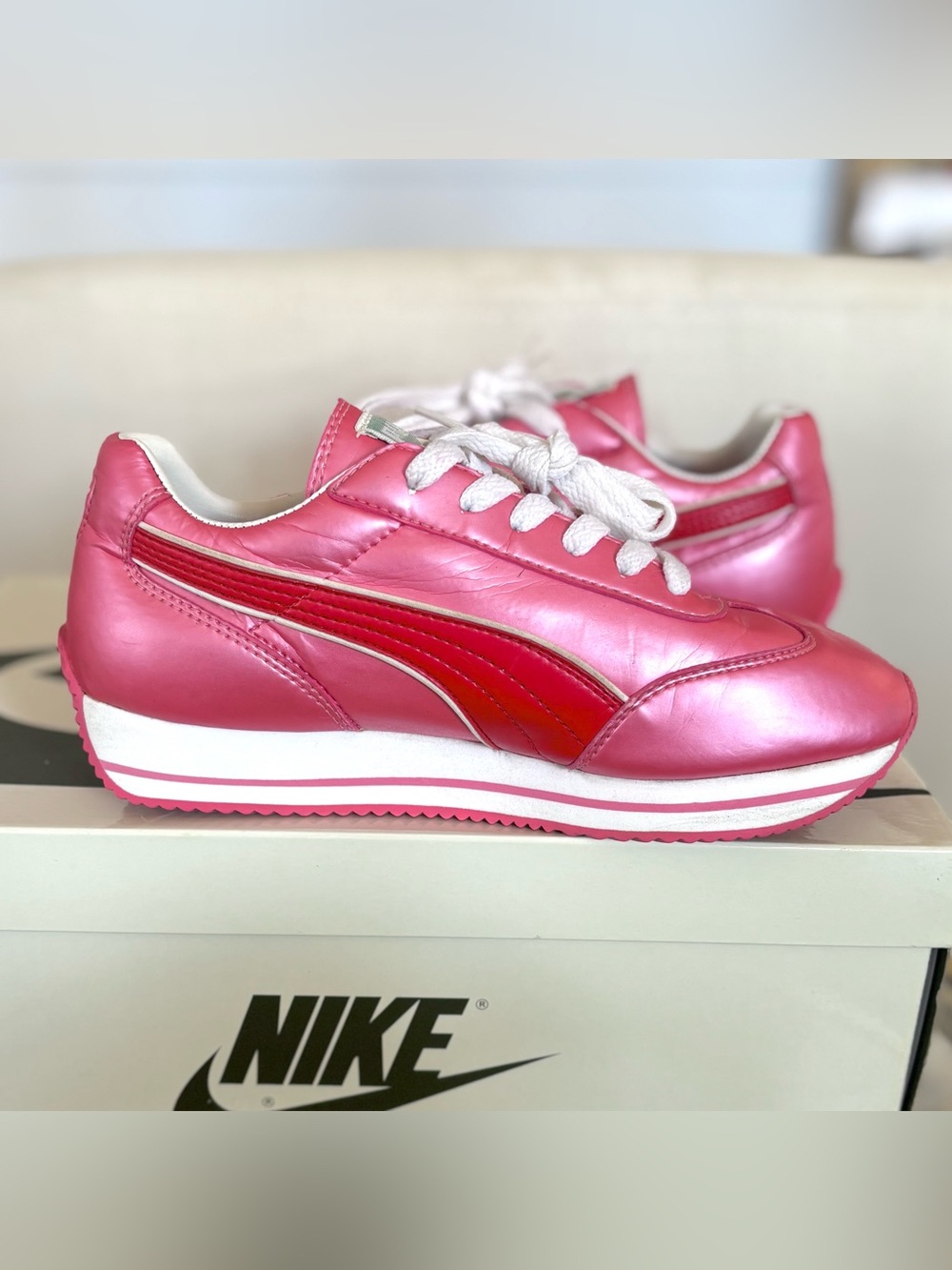 Vintage Puma Platform Wedge Sneakers Metallic Pink Chunky Y2K Womens 7 2000s - Picture 4 of 8